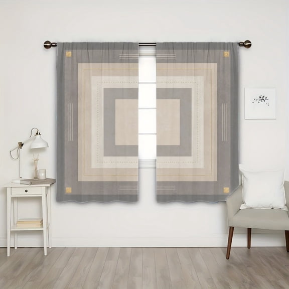 WNOOHIY Light Filtering Rod Pocket Curtains, Modern Beige Gray Square Geometric Print Window Drapes for Living Room Bedroom, 2PCS