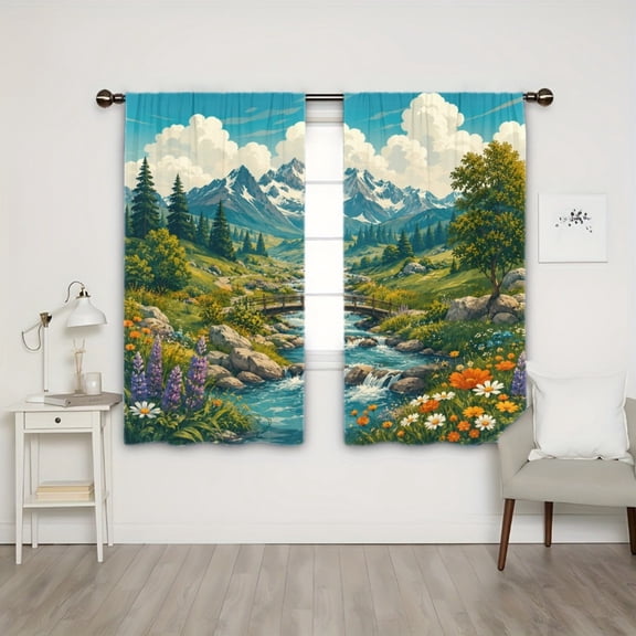 WNOOHIY Light Filtering Rod Pocket Curtains, Mountain River Forest Floral Landscape Print Window Drapes for Living Room Bedroom, 2PCS