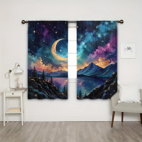 WNOOHIY Light Filtering Rod Pocket Curtains, Night Sky Moon Mountain Lake Starry Print Window Drapes for Living Room Bedroom, 2PCS