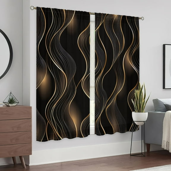 WNOOHIY Luxurious Black Golden Abstract Wavy Line Light-filtering Window Curtains for Bedroom and Living Room, Set of 2 Panels