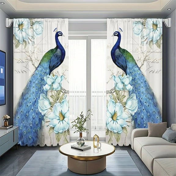 WNOOHIY Luxurious Vintage Blue Peacock Printed Window Curtains for Enhanced Privacy,Set of 2 Panels