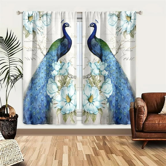 WNOOHIY Luxurious Vintage Blue Peacock Printed Window Curtains for Enhanced Privacy,Set of 2 Panels