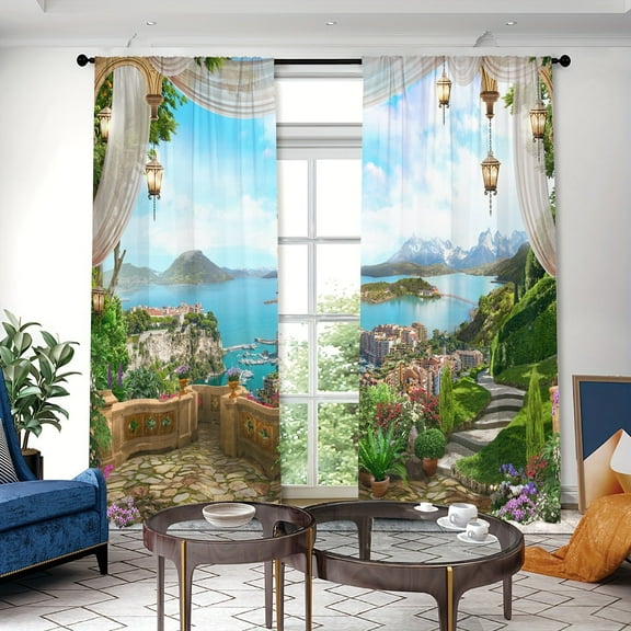 WNOOHIY Mediterranean Style Town Architecture Mountains Lakes Privacy Light-filtering Window Curtains for Bedroom and Living Room, 2 Panels