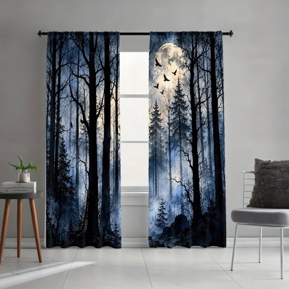WNOOHIY Mystical Forest Moon Night View Flying Birds Light Filtering Curtains, Dark Woodland Ambiance Decor, All-Season Curtains for Living Room Bedroom Dormitory, 2 Panels