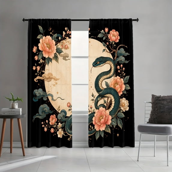 Snake Curtains WNOOHIY Mystical Snake Peony Floral Moon Light-Filtering Curtains, 2 ...