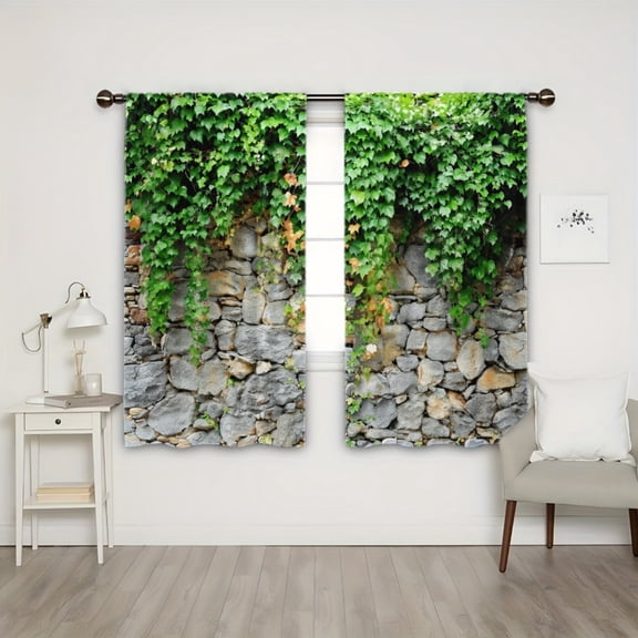 WNOOHIY Natural Green Ivy Stone Wall Light-filtering Curtains for Living Room Bedroom, Set of 2 Panels