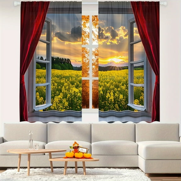 WNOOHIY Natural Landscape Flower Field Sunset Privacy Light-filtering Window Curtains for Bedroom and Living Room, 2 Panels