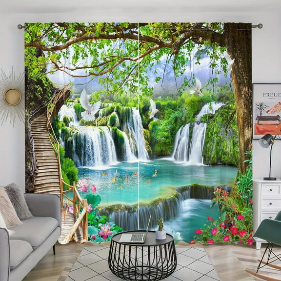 WNOOHIY Nature Landscape Sunshine Forest Waterfall Printed Curtains For Bedroom,Living Room,Office,Set of 2 Panels