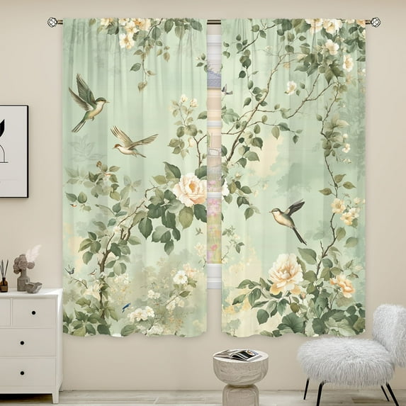 WNOOHIY Nature Style Flying Birds Floral Light-filtering Curtains for Living Room Bedroom Office Home Decoration, Set of 2 Panels