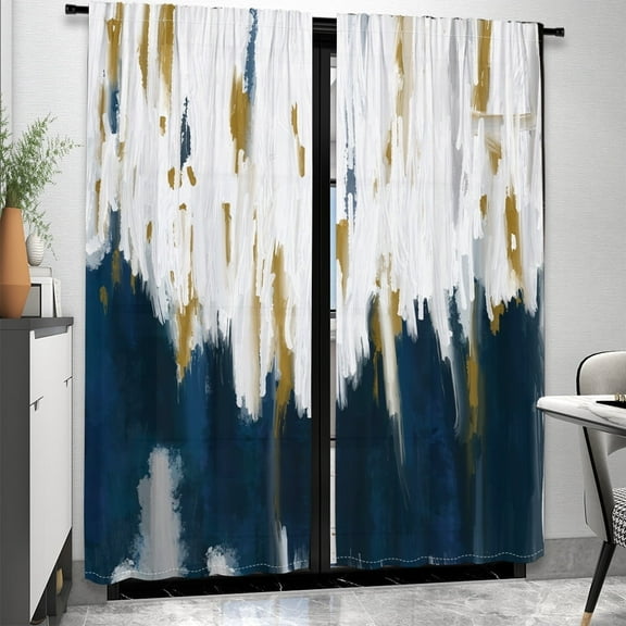 WNOOHIY Navy Blue White Abstract Light-filtering Curtains for Living Room Bedroom,Set of 2 Panels