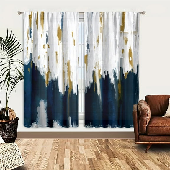 WNOOHIY Navy Blue White Abstract Light-filtering Curtains for Living Room Bedroom,Set of 2 Panels