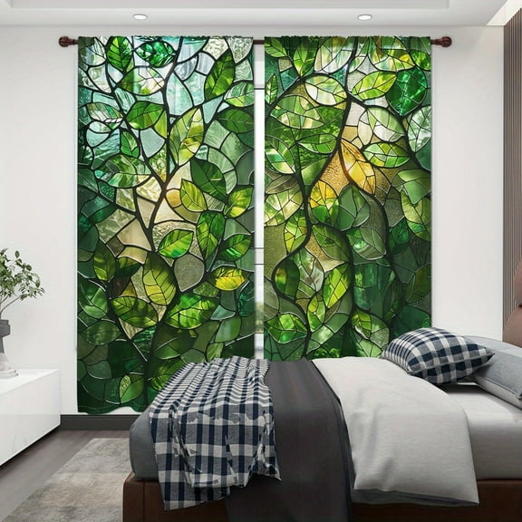 WNOOHIY Nordic Style Retro Green Leaf Stain Glass Light-filtering Curtains for Young People Bedroom Living Room,Set of 2 Panels