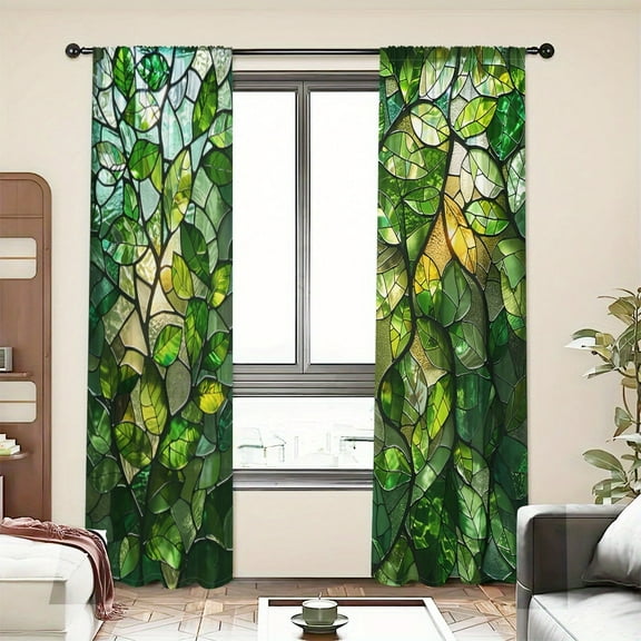 WNOOHIY Nordic Style Retro Green Leaf Stain Glass Light-filtering Curtains for Young People Bedroom Living Room,Set of 2 Panels