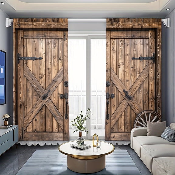 WNOOHIY Nostalgic Atmosphere Barn Door Wood Texture Light-filtering Window Curtains for Bedroom and Living Room, Set of 2 Panels