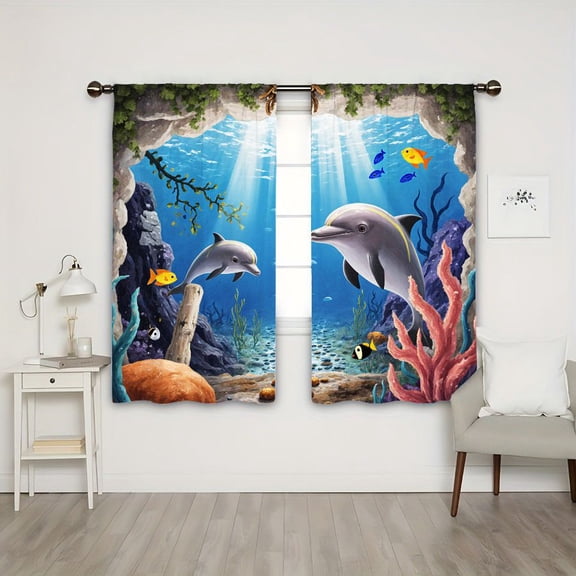 WNOOHIY Ocean World Dolphin Pattern Light-filtering Curtains for Living Room Bedroom, 21x46inx2pcs