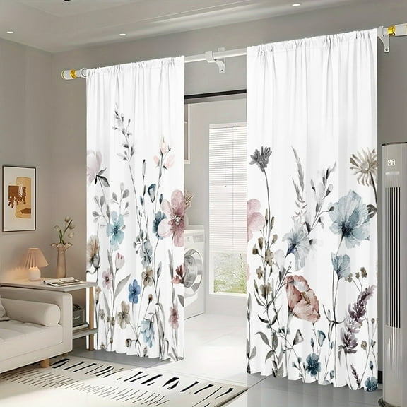 WNOOHIY Pastoral Natural Watercolor Floral Blue Pink Floral Curtains,39.5" × 87", Set of 2 Panels