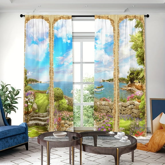 WNOOHIY Pastoral Style Blue Sky White Clouds Seascape Privacy Light-filtering Window Curtains for Bedroom and Living Room, 2 Panels