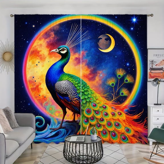 WNOOHIY Peacock Rainbow Moon Night Sky Light-Filtering Curtains, 2 Panels For Aesthetic Room Layout