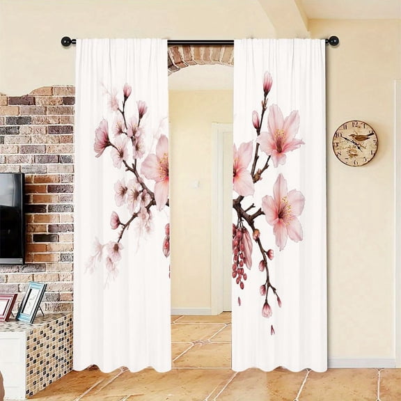 WNOOHIY Pink Cherry Blossom Print Pattern Light-filtering Curtains for Living Room Bedroom, 42x63inx2pcs