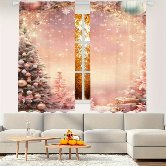 WNOOHIY Pink Christmas Snowy Scene Pattern Light-filtering Curtains, Holiday Theme Window Drapes For Living Room Bedroom Set of 2 Panels