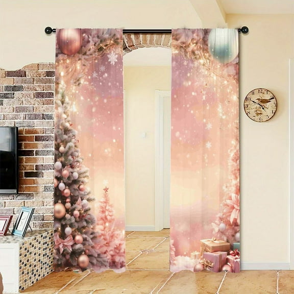 WNOOHIY Pink Christmas Snowy Scene Pattern Light-filtering Curtains, Holiday Theme Window Drapes For Living Room Bedroom Set of 2 Panels
