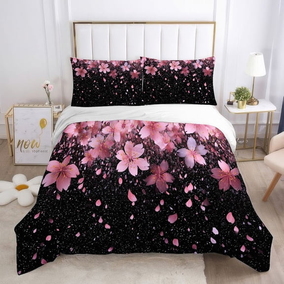 WNOOHIY Pink Flowers Petals 3Pcs Charming Duvet Cover with Pillowcases, Twin/Queen/King