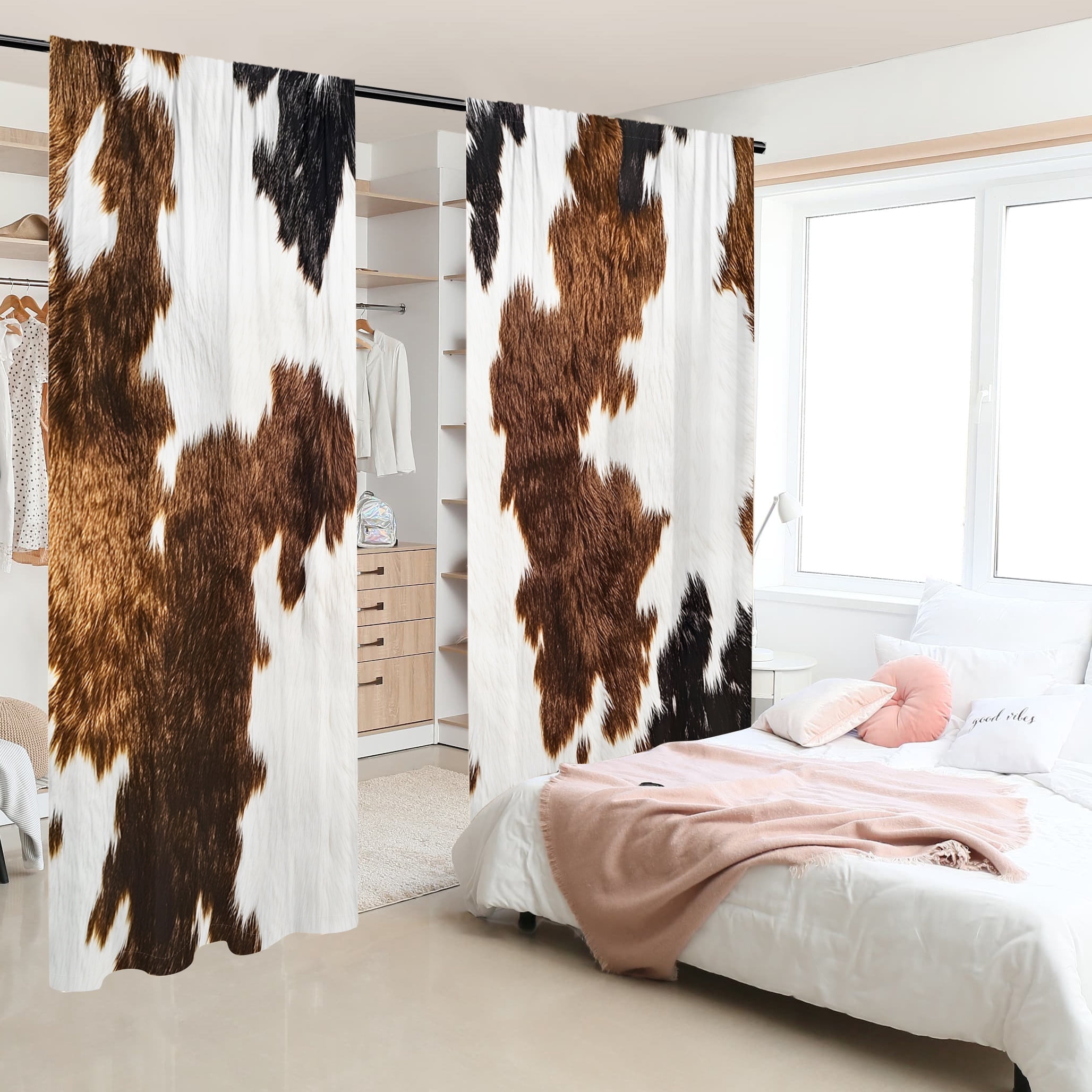 WNOOHIY Realistic Cow Cowhide Effect Pattern Light-filtering Curtains for Young People Bedroom Living Room,Set of 2 Panels