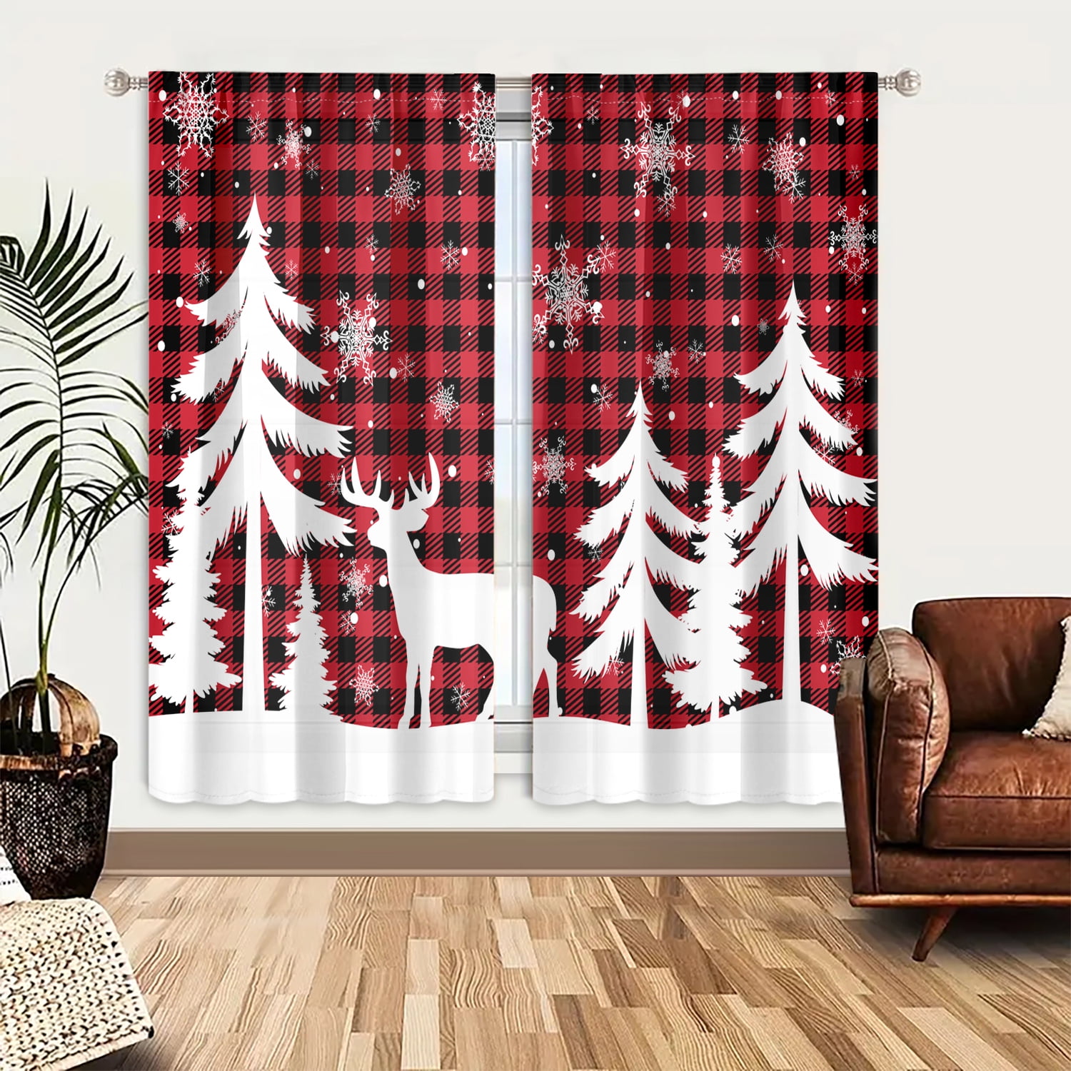WNOOHIY Red Grid Christmas Reindeer Printed Curtains For Bedroom,Living Room,Office,Set of 2 Panels