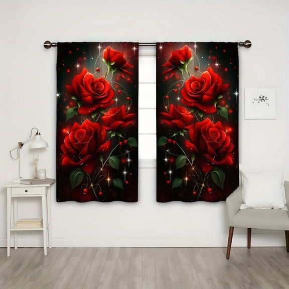 WNOOHIY Red Roses Pattern Light-Filtering Curtains, 2 Panels For Private Room And Resting Space
