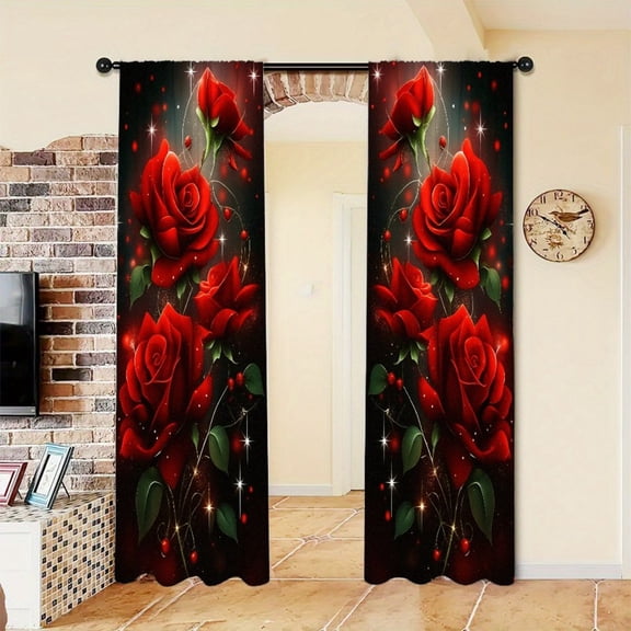 WNOOHIY Red Roses Pattern Light-Filtering Curtains, 2 Panels For Private Room And Resting Space