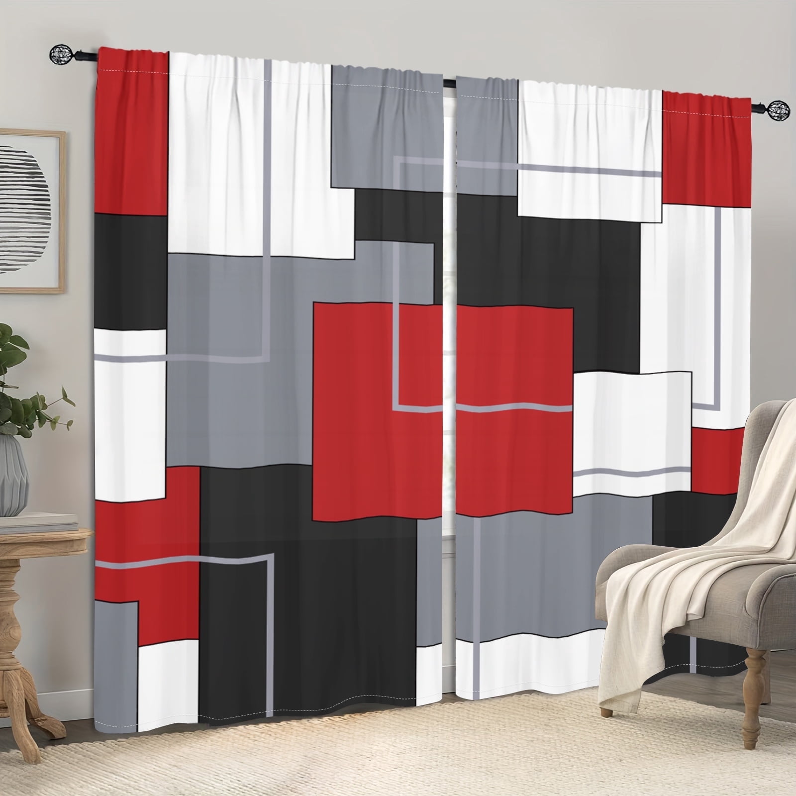 WNOOHIY Red White Black Plaid Patterned Window Curtains for Bedroom and Living Room, Set of 2 Panels