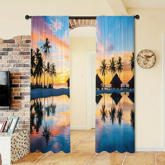 WNOOHIY Resort Style Tropical Sunset Palm Tree Print Light-filtering Curtains for Living Room Bedroom Home Decoration, Set of 2 Panels