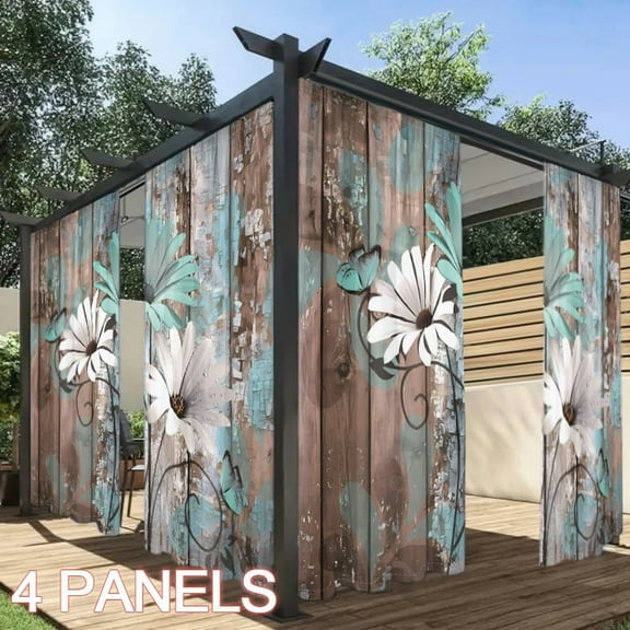 WNOOHIY Retro Blue White Tone Wood Grain Butterflies Pattern Light-filtering Curtains for Living Room, Bedroom, Outdoor Decoration, Set of 4 Panels