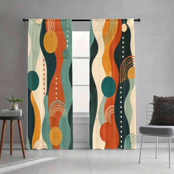 WNOOHIY Retro Geometric Circles Arcs Abstract Wave Art Light-Filtering Curtains, 2 Panels for Living Room Bedroom Dining Room