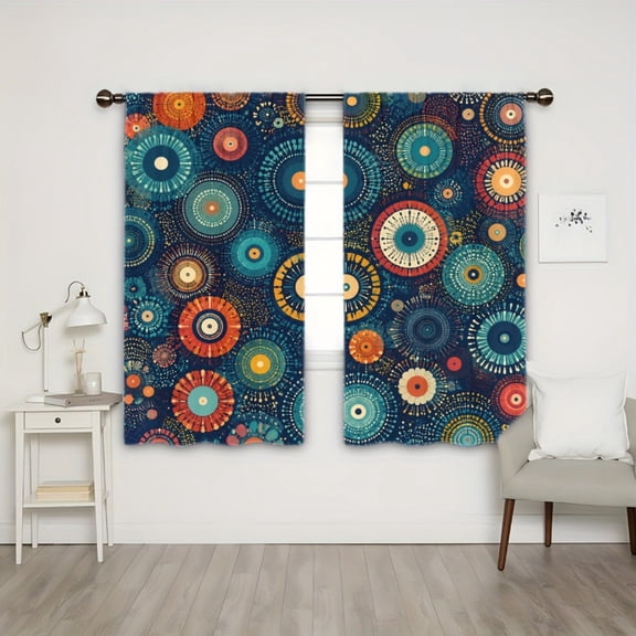 WNOOHIY Rod Pocket Light Filtering Curtains, Abstract Ethnic Mandala Geometric Circle Pattern, 21"x46", 2Pcs