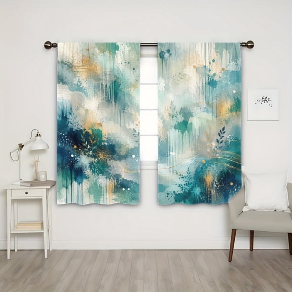 WNOOHIY Rod Pocket Light Filtering Curtains, Abstract Splash Teal Gold Leaf Modern Art Pattern, 21"x46", 2Pcs