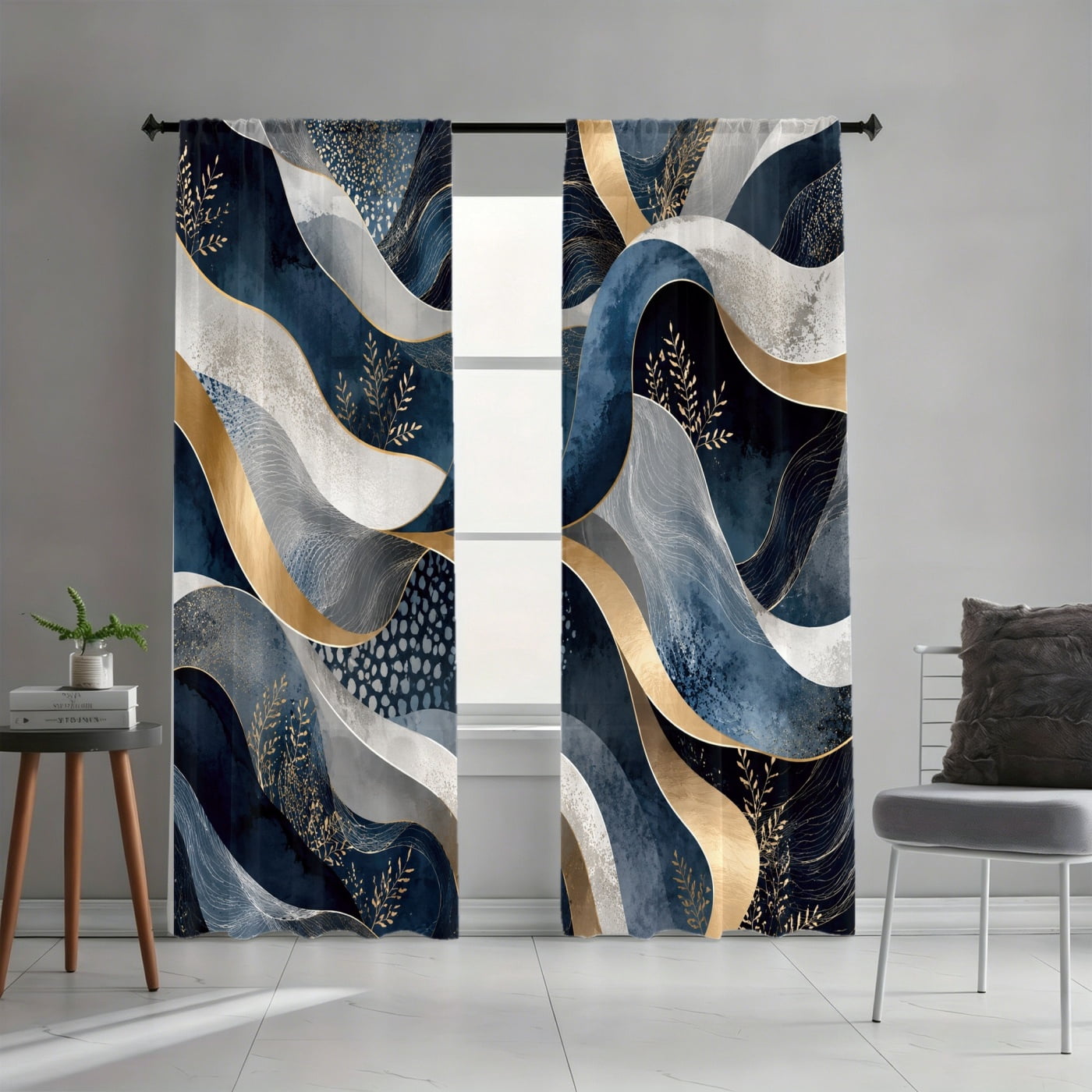 Simple Abstract Leaf Pattern WNOOHIY Rod Pocket Light Filtering Curtains, Abstract Wave Gold Leaf ...