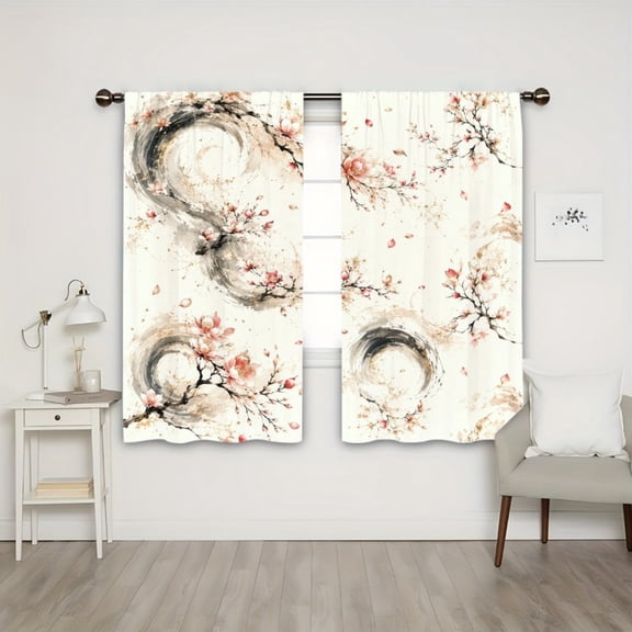 WNOOHIY Rod Pocket Light Filtering Curtains, Elegant Cherry Blossom Ink Swirl Spring Floral Pattern, 21"x46", 2Pcs
