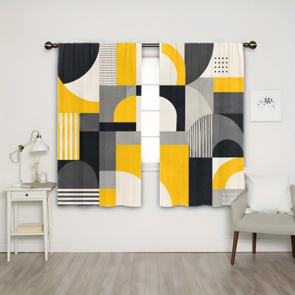 WNOOHIY Rod Pocket Light Filtering Curtains, Geometric Abstract Yellow Grey Black Color Block Pattern, 21"x46", 2Pcs