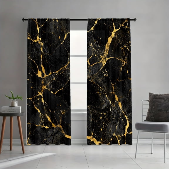 WNOOHIY Rod Pocket Light Filtering Curtains, Luxurious Black Gold Marble Stylish Abstract Pattern, 42"x84", 2Pcs
