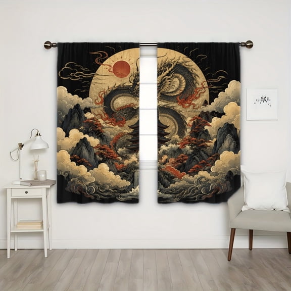 WNOOHIY Rod Pocket Light Filtering Curtains, Majestic Dragon Cloud Sun Pagoda Traditional Asian Pattern, 21"x46", 2Pcs