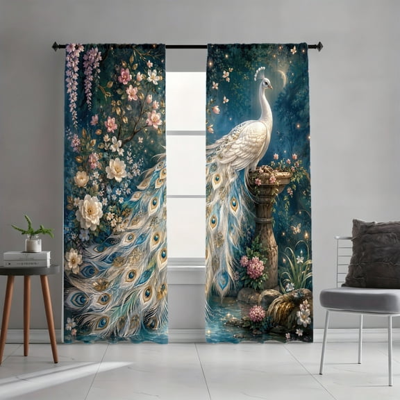 WNOOHIY Rod Pocket Light Filtering Curtains, Peacock Floral Garden Elegant Bird Silhouette Pond Scene Pattern, 30"x66", 2Pcs