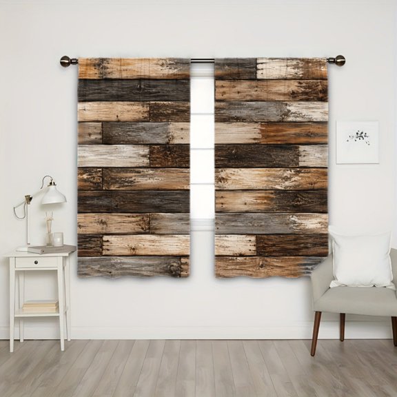 WNOOHIY Rod Pocket Light Filtering Curtains, Rustic Weathered Texture Wood Plank Farmhouse Pattern, 21"x46", 2Pcs