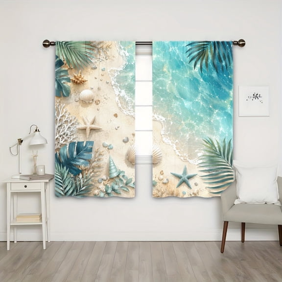 WNOOHIY Rod Pocket Light Filtering Curtains, Tropical Beach Palm Leaf Ocean Wave Seashell Pattern, 21"x46", 2Pcs