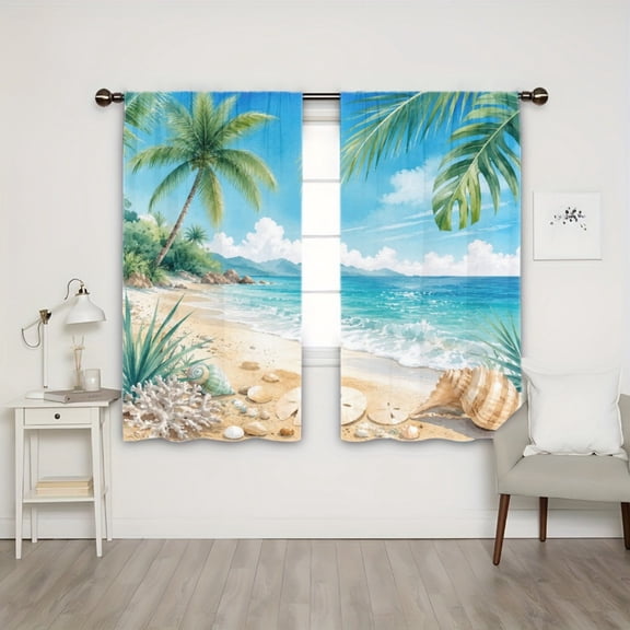 WNOOHIY Rod Pocket Light Filtering Curtains, Tropical Beach Palm Tree Ocean Wave Seashell Pattern, 21"x46", 2Pcs