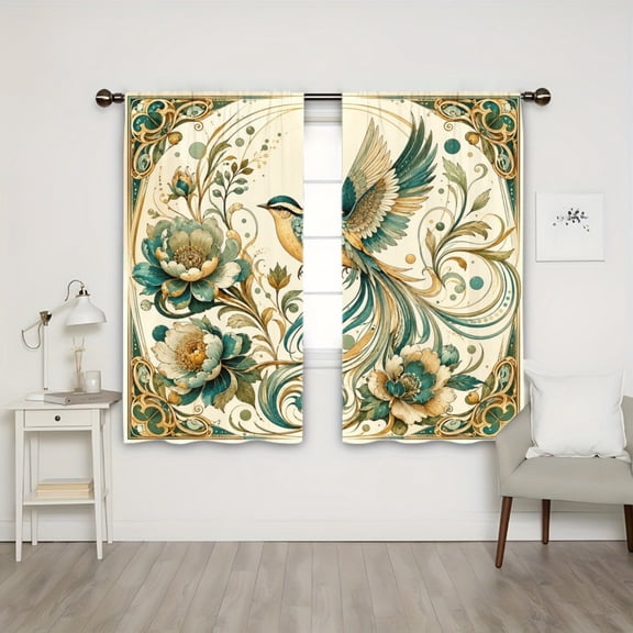 WNOOHIY Rod Pocket Light Filtering Curtains, Vintage Bird Flower Art Nouveau Border Floral Pattern, 21"x46", 2Pcs