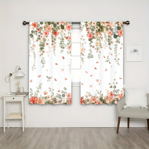 WNOOHIY Rod Pocket Light Filtering Curtains, Watercolor Floral Vine Cascading Peach Greenery Pattern, 21"x46", 2Pcs