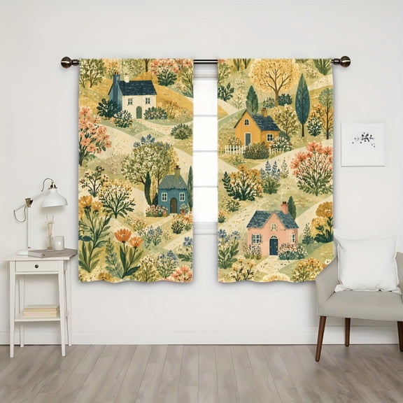 WNOOHIY Rod Pocket Light Filtering Curtains, Whimsical Countryside Village House Floral Pattern, 21"x46", 2Pcs