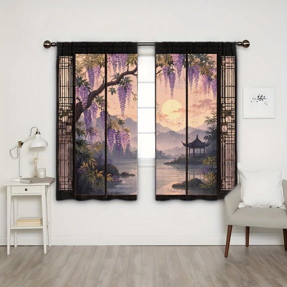 WNOOHIY Rod Pocket Light Filtering Curtains, Wisteria Garden Pavilion Mountain Sunset Scenic Pattern, 21"x46", Set of 2