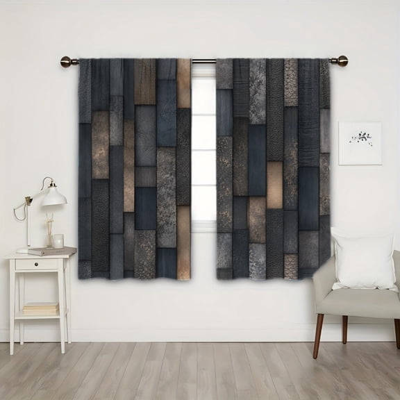 WNOOHIY Rod Pocket Light Filtering Curtains, Wood Grain Rustic Dark Panel Pattern, 21"x46", Set of 2